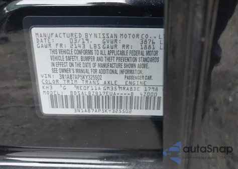 2019 Nissan Sentra S z USA, uszkodzony, nr VIN 3N1AB7AP5KY325502